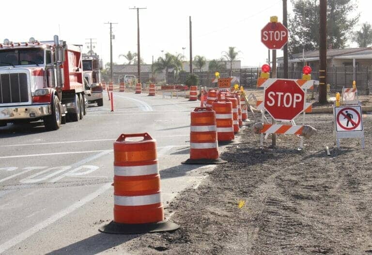 Stop Signs in Work Zone, No Walk Sign