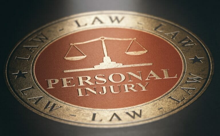 Personal Injury Law written with golden letters over red and black background. Best Virginia Personal Injury Lawyer concept.